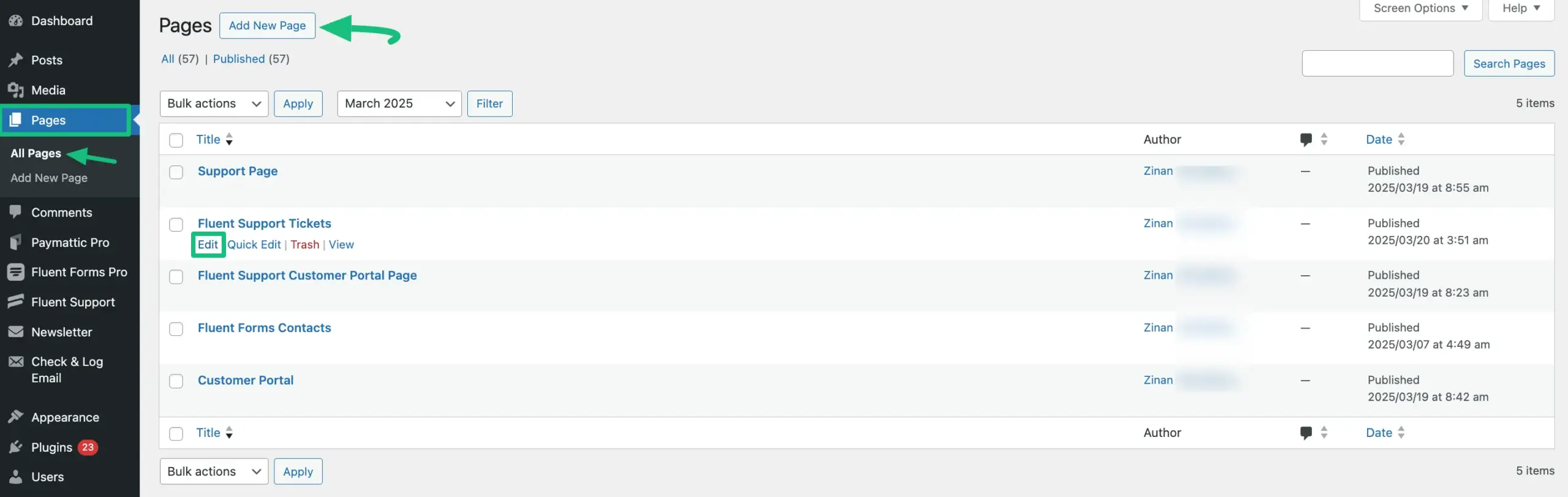 WordPress dashboard - Pages