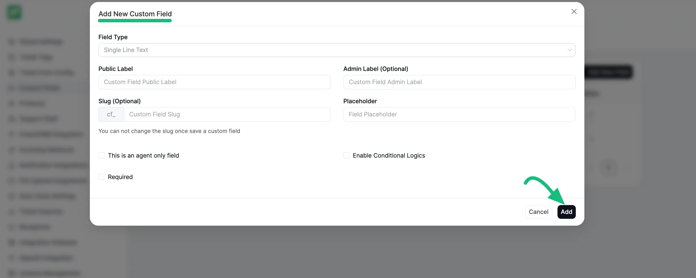All the additional fields inside the Add new custom field popup