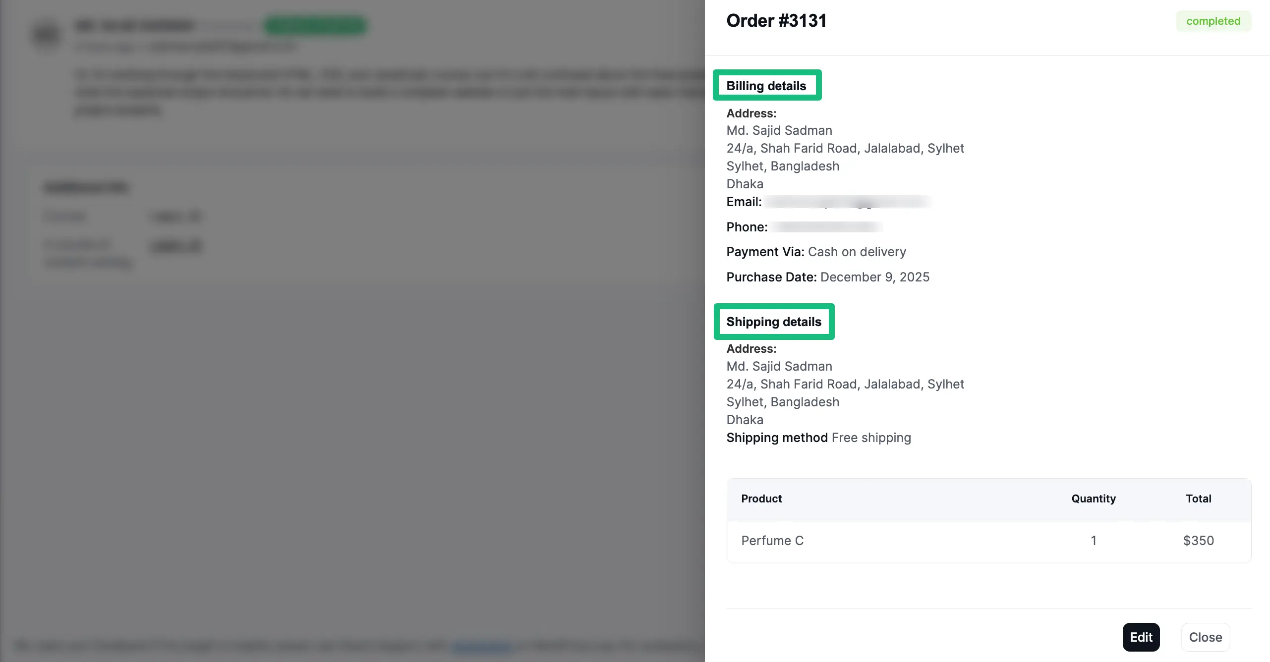Billing, Shipping, Product & Price details