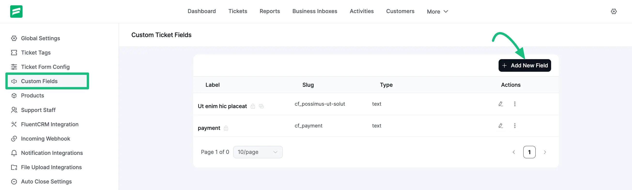 Custom Fields from Global Settings under Fluent Support dashboard