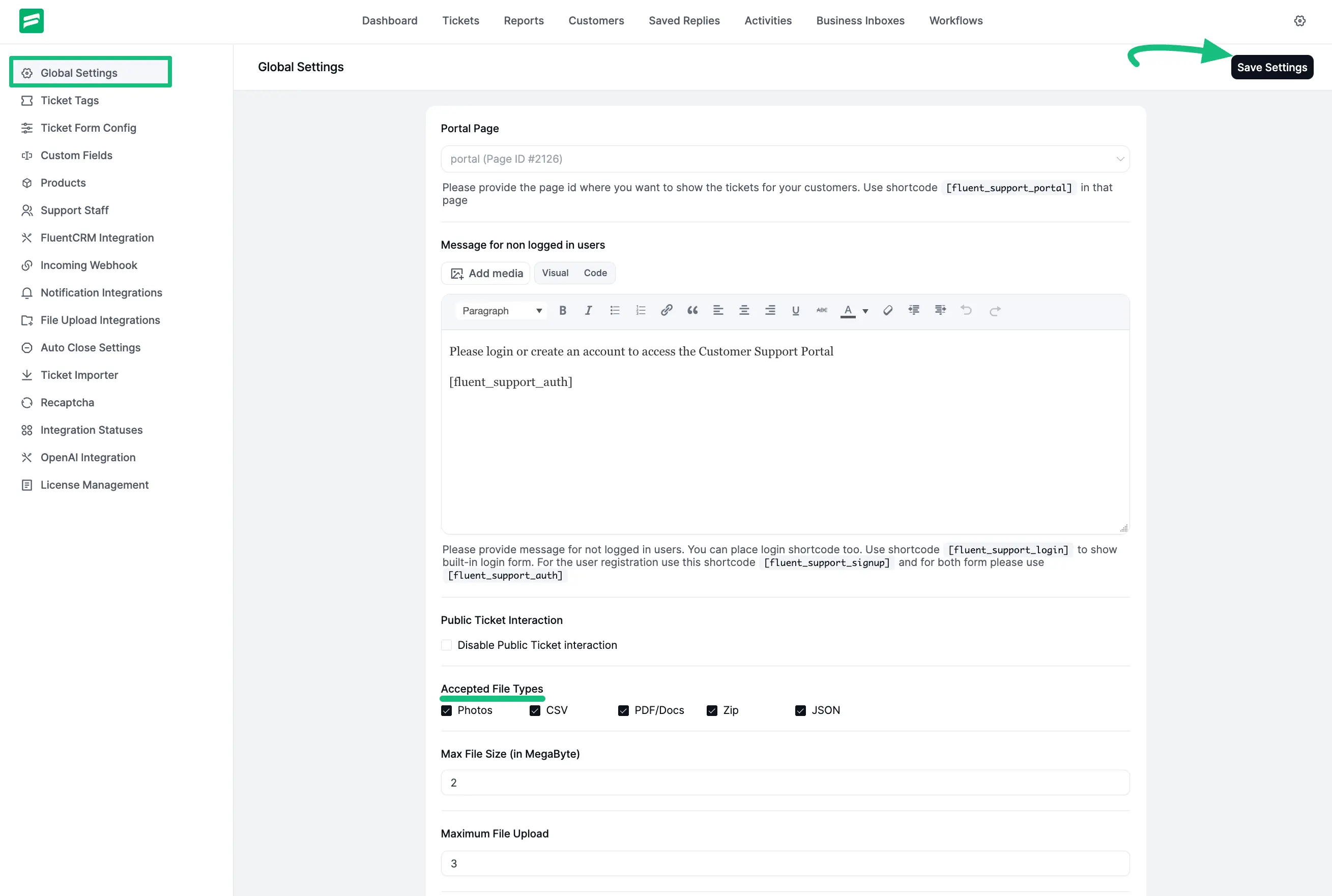 Global Settings from Fluent Support Dashboard