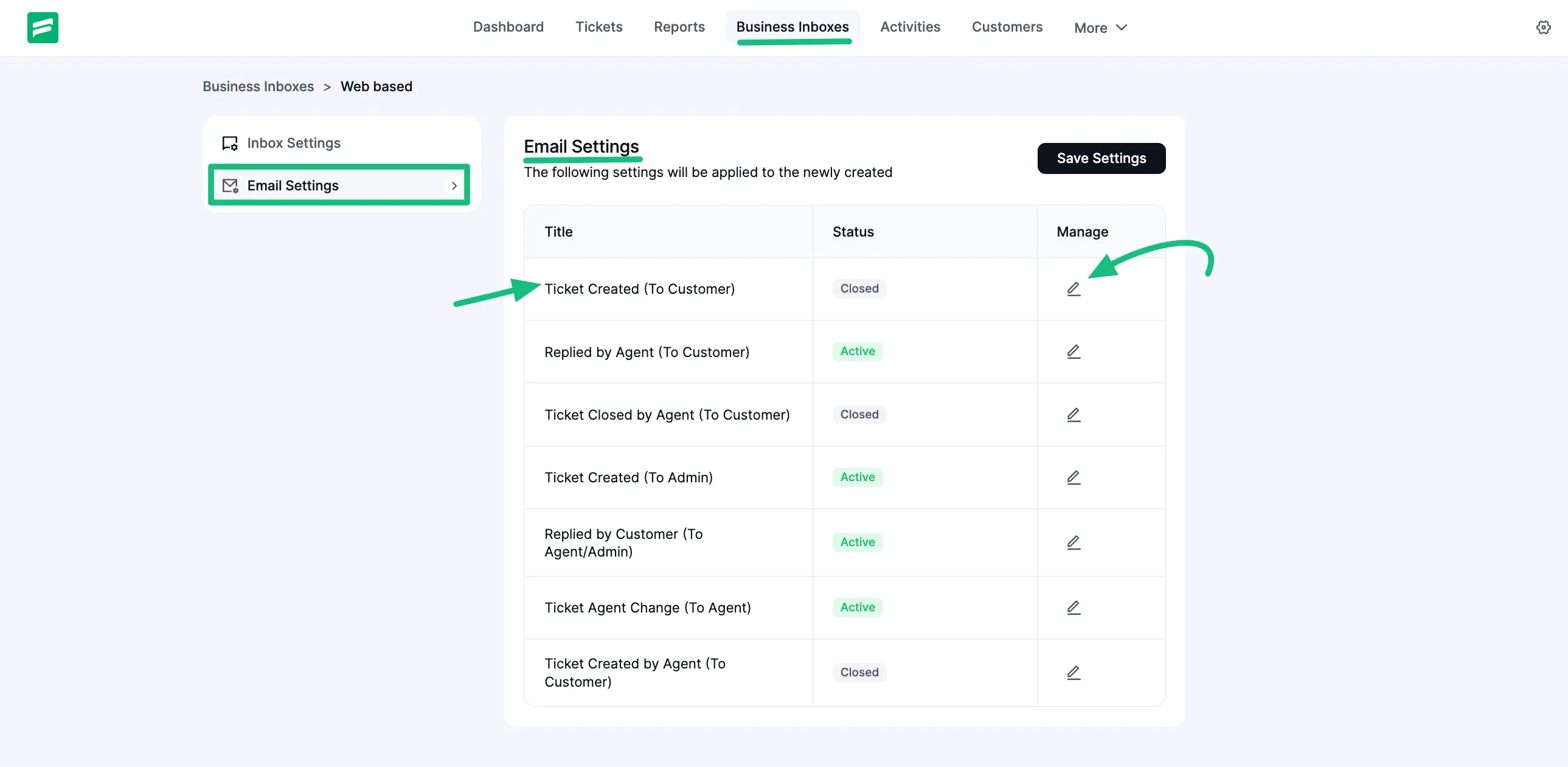 Email Settings of web-based business inbox