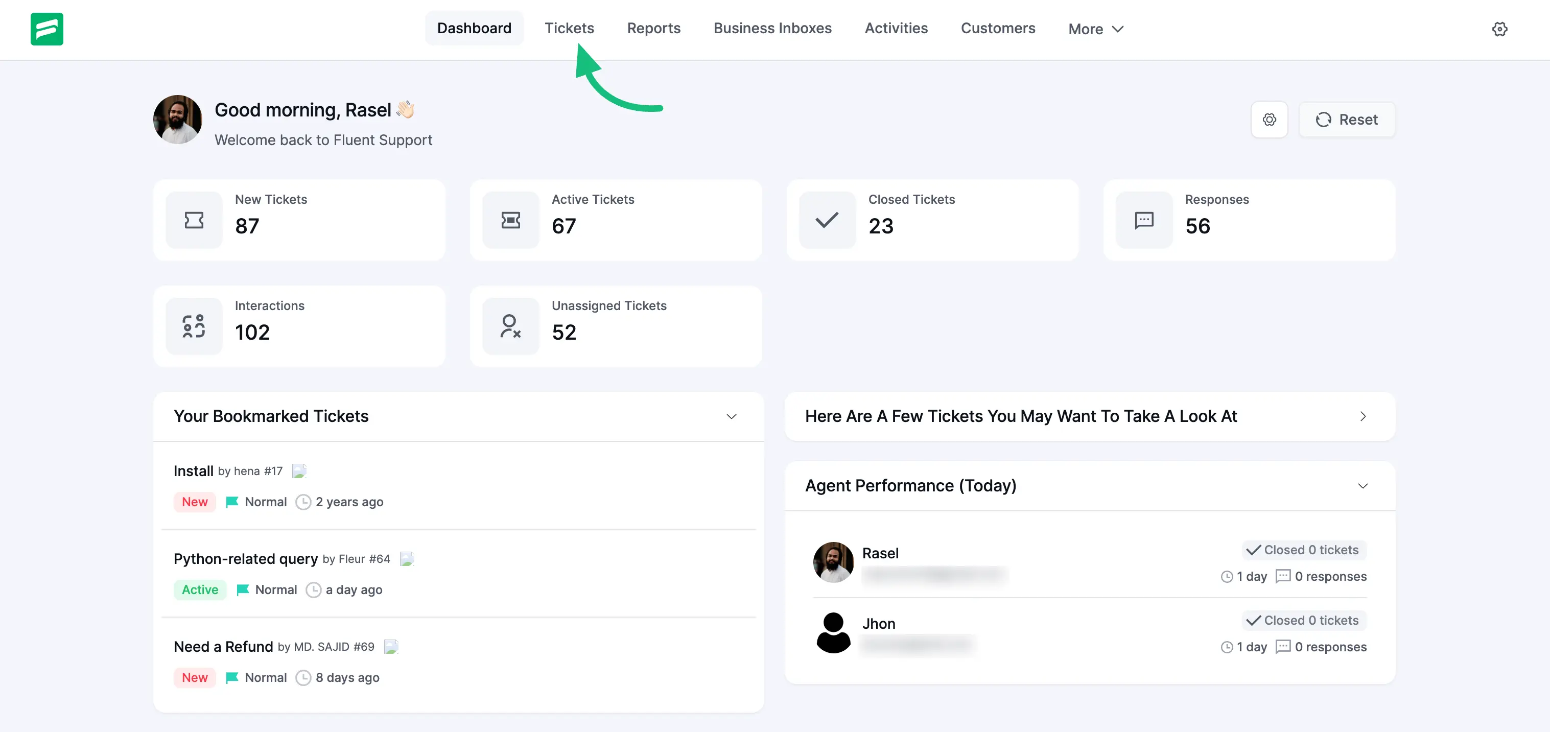Tickets from Fluent Support dashboard