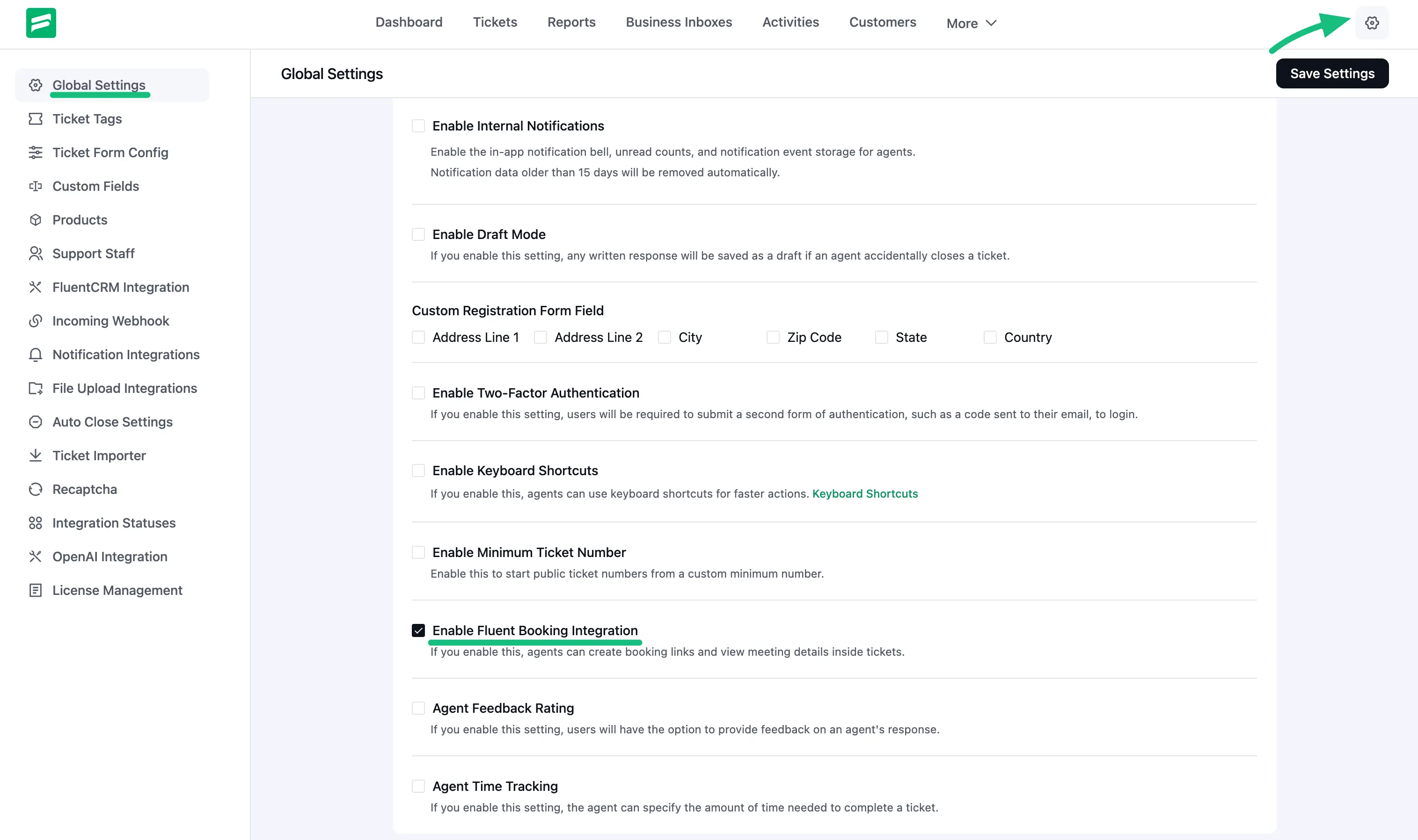 Enable FluentBooking Integration in Fluent Support Global Settings