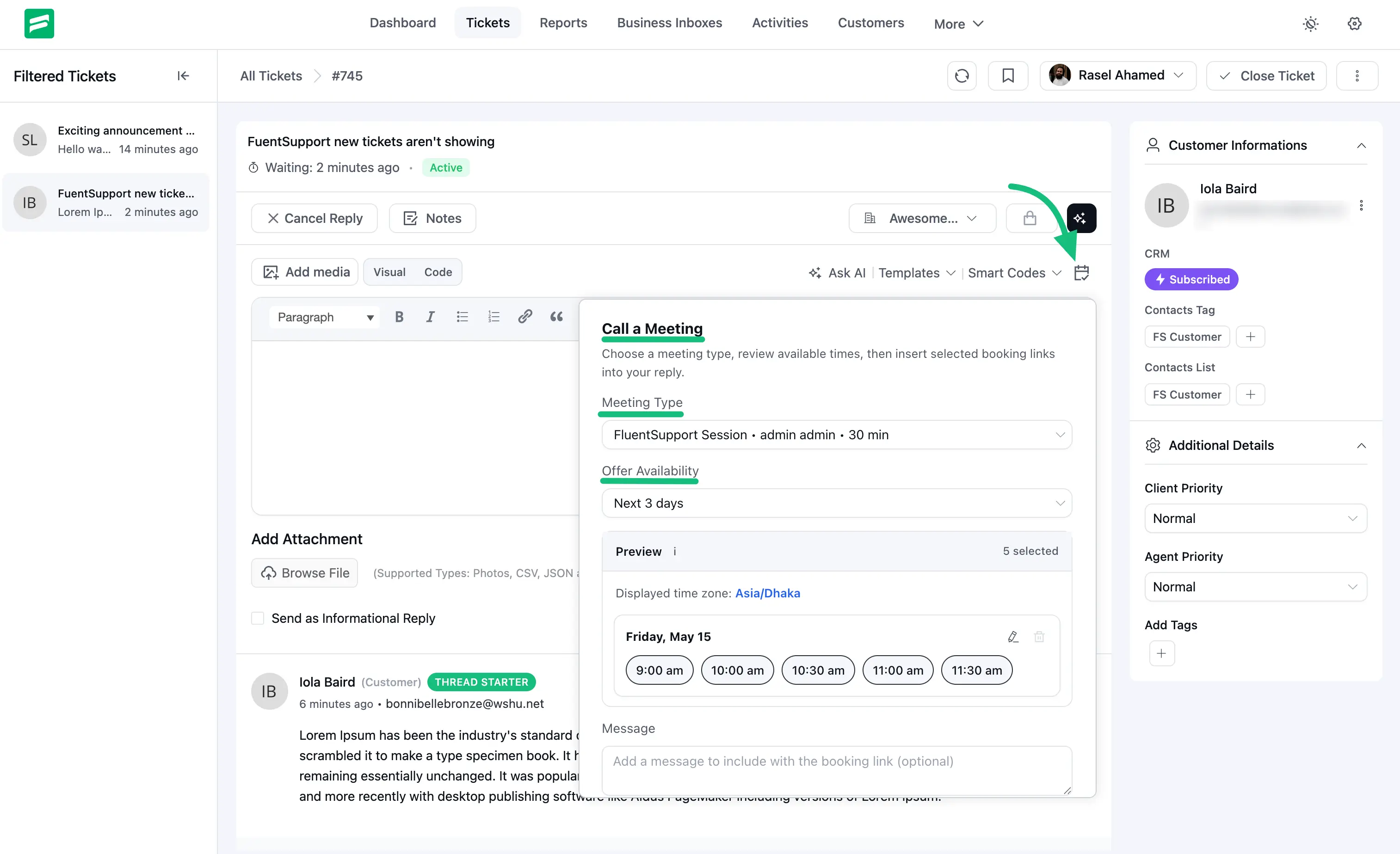 Call a Meeting panel inside the Fluent Support ticket reply editor