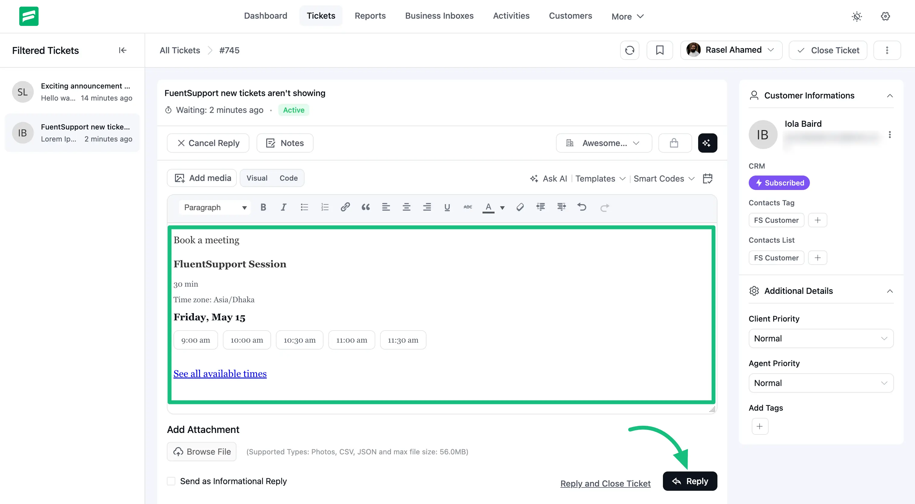 Booking block inserted into the Fluent Support ticket reply editor