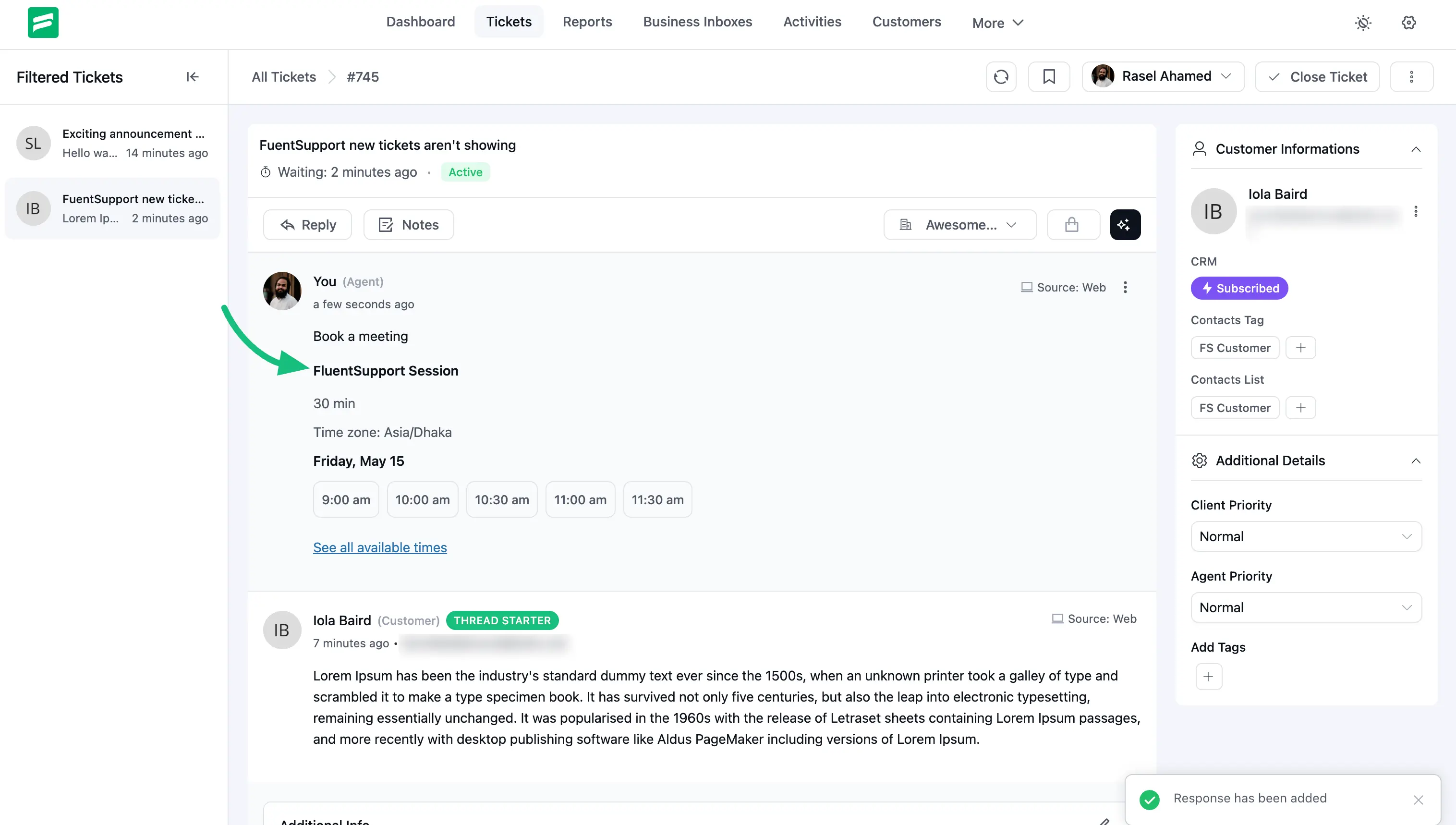 Sent booking reply visible in the Fluent Support ticket thread