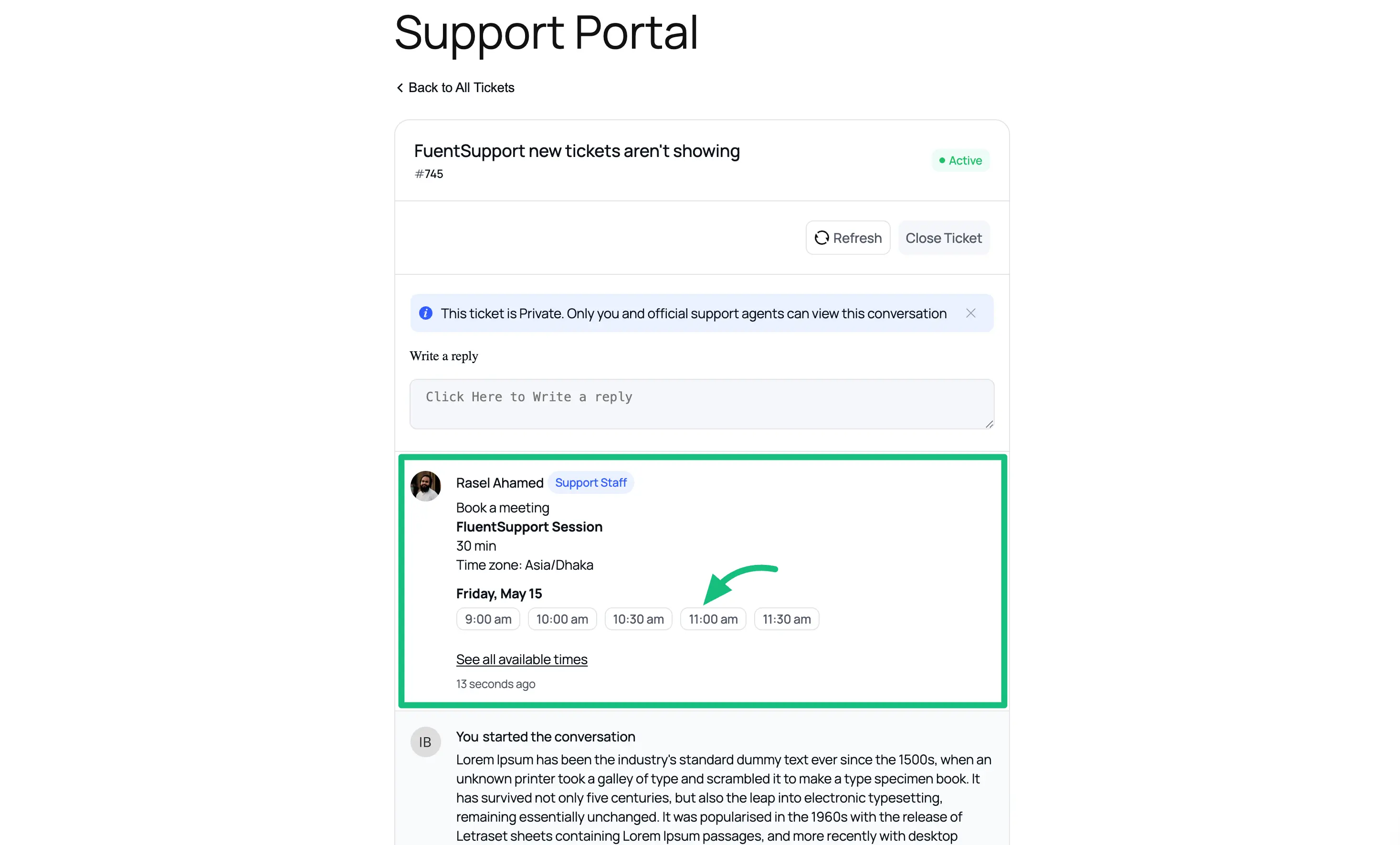 Customer view of the FluentBooking time slots inside the Support Portal