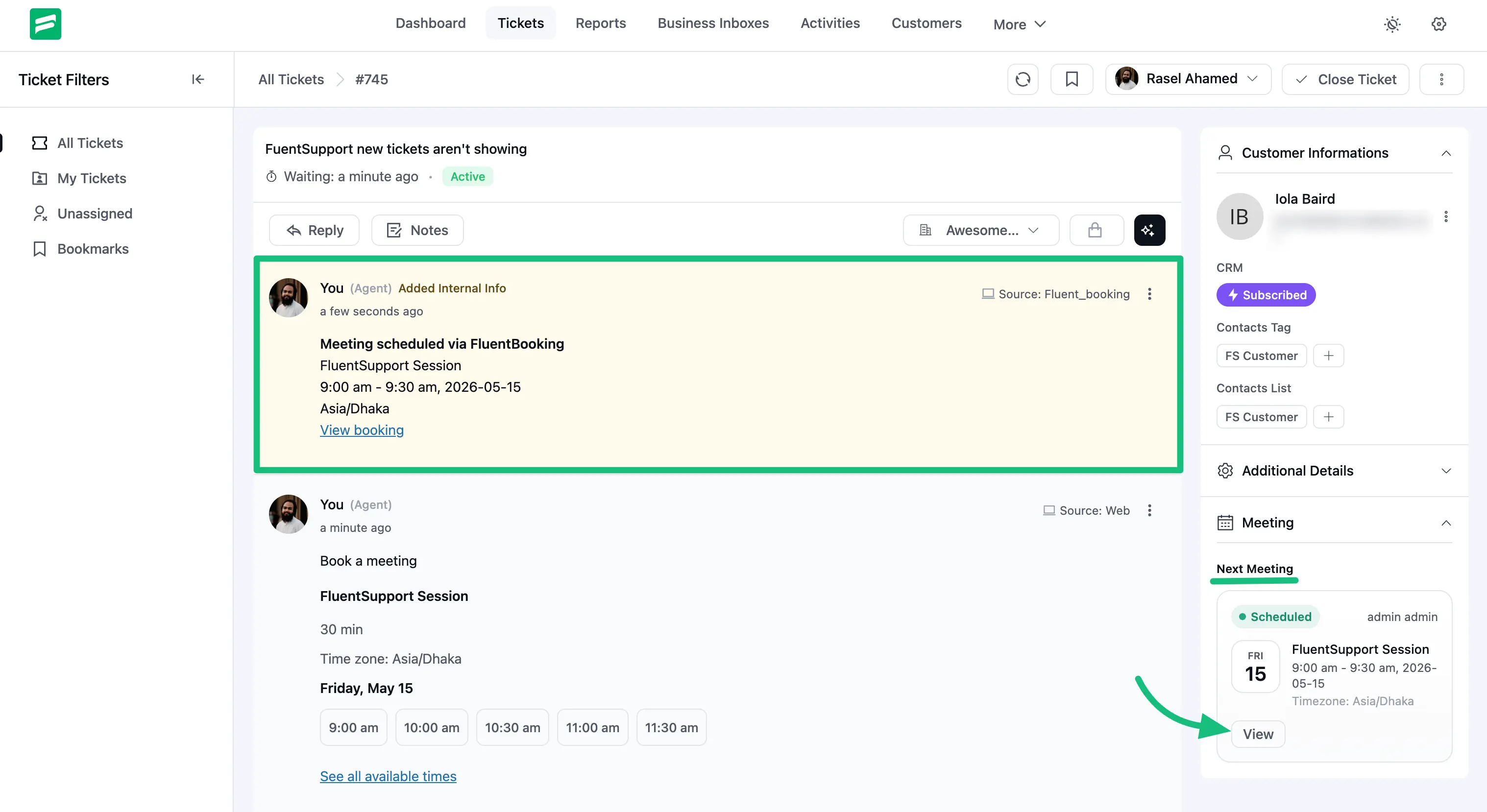 Internal log and Next Meeting sidebar widget after the customer books a meeting