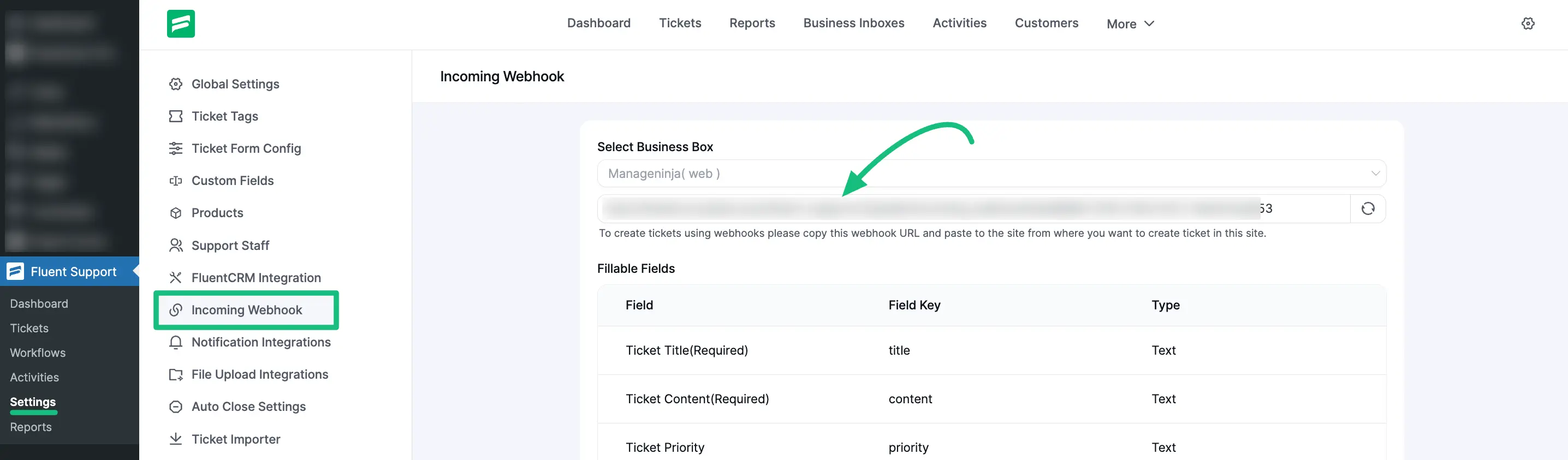 Incoming WebHook from Global Settings under Fluent Support dashboard