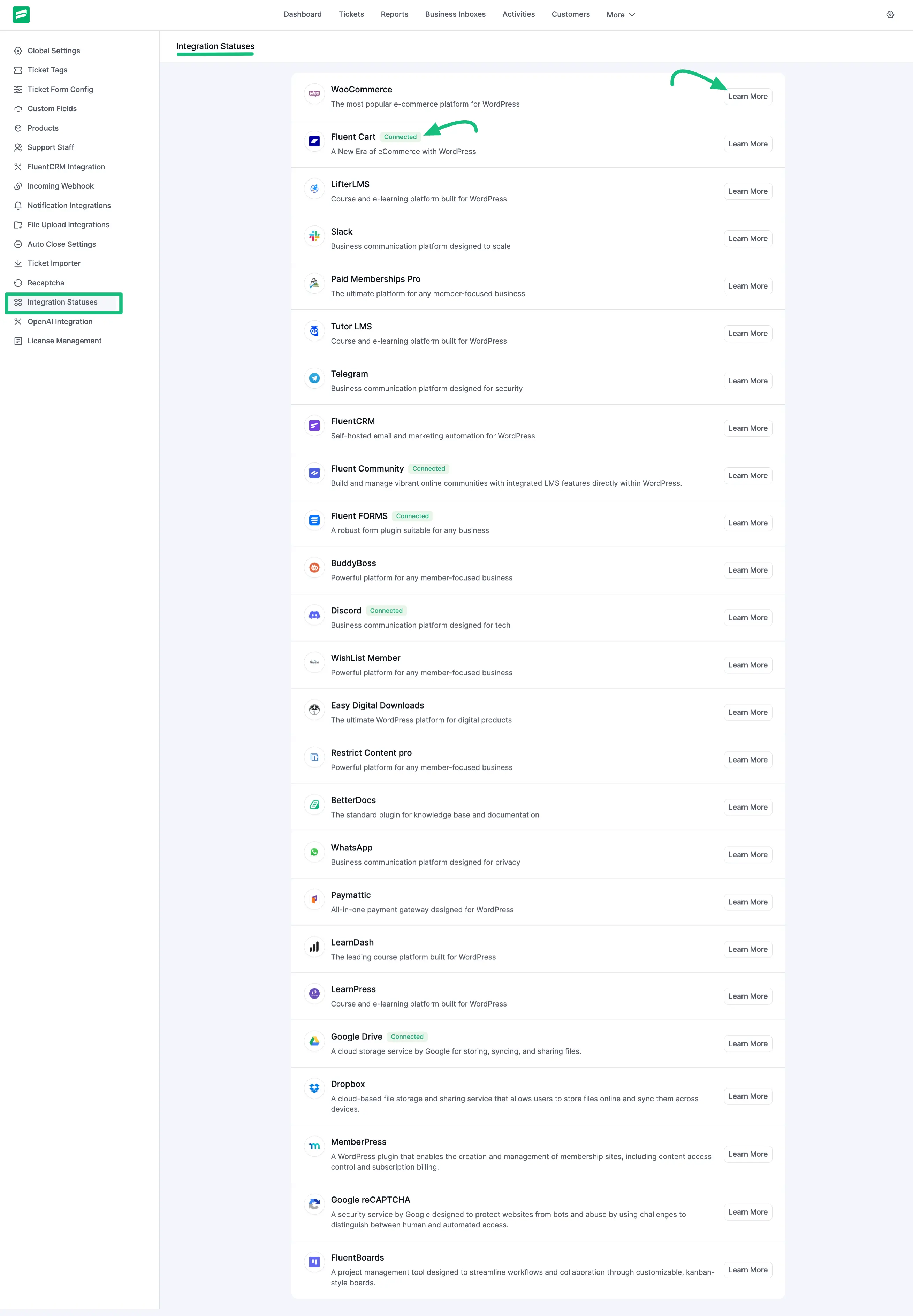 Integration Statuses of Fluent Support