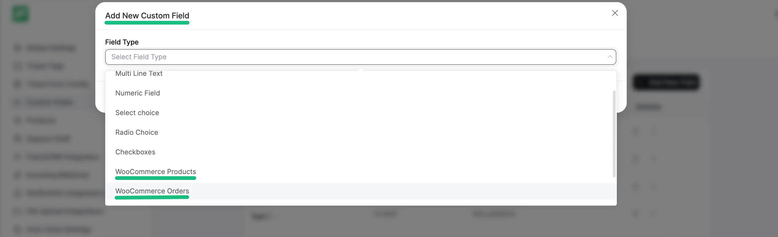 Field Type dropdown list