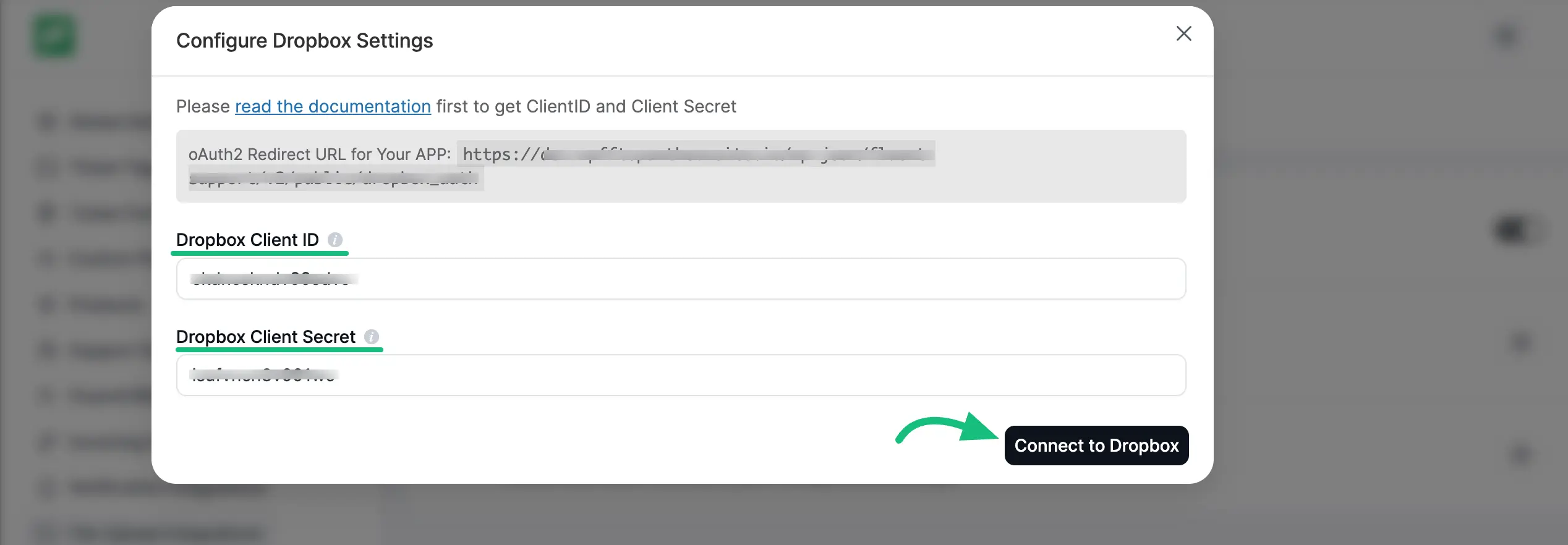 Client ID, Client Secret and Connect to Dropbox options