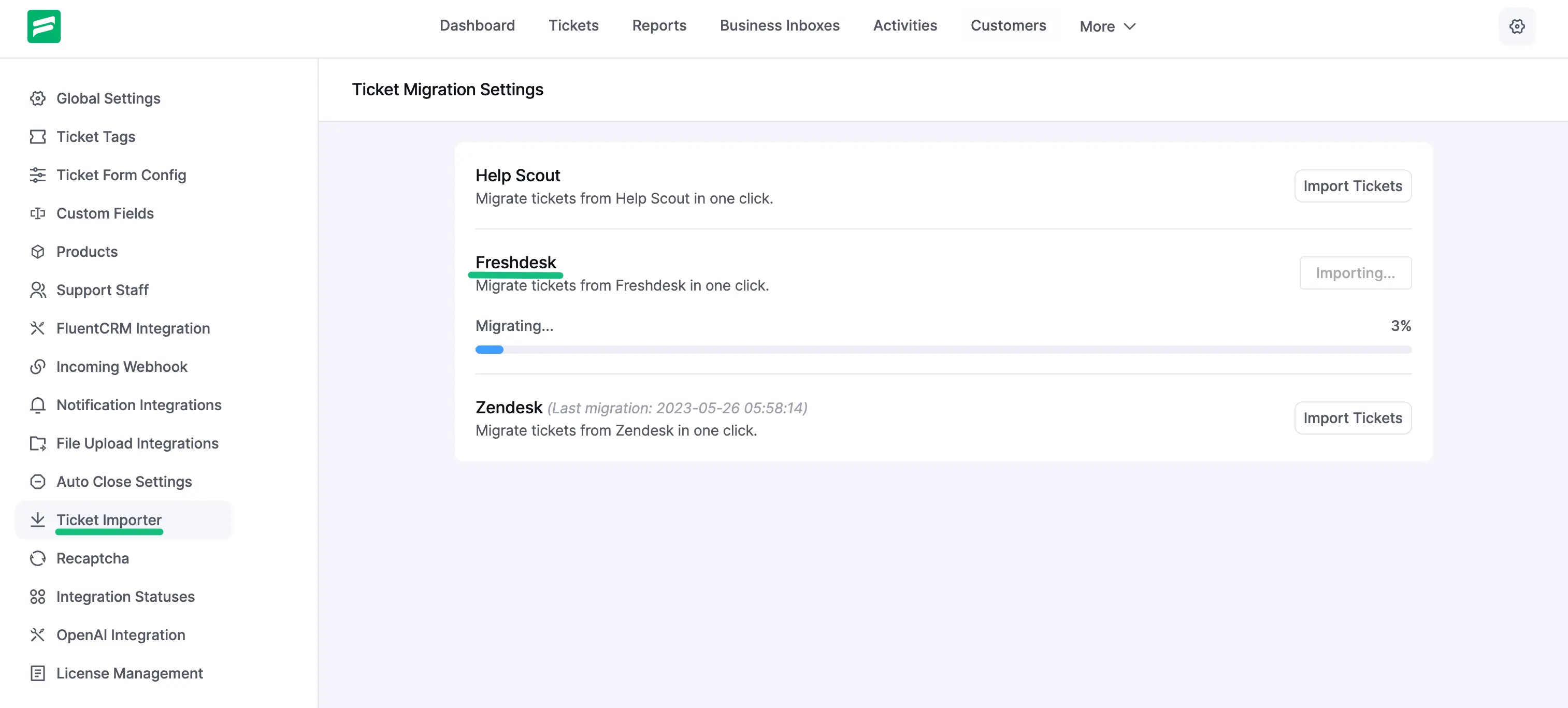 Preview of Imported Tickets from Freshdesk