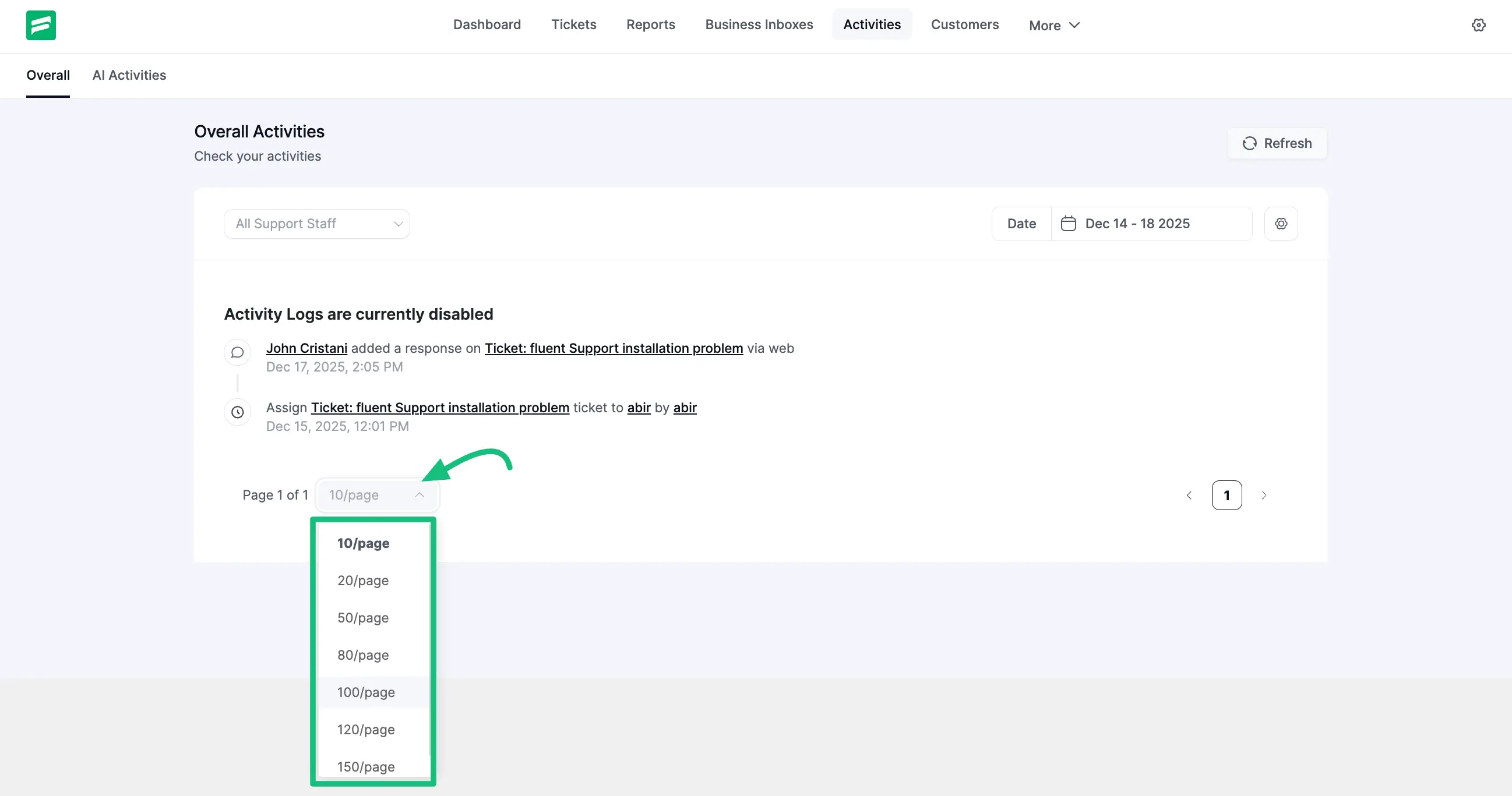 Pagination option for managing activities of Fluent Support