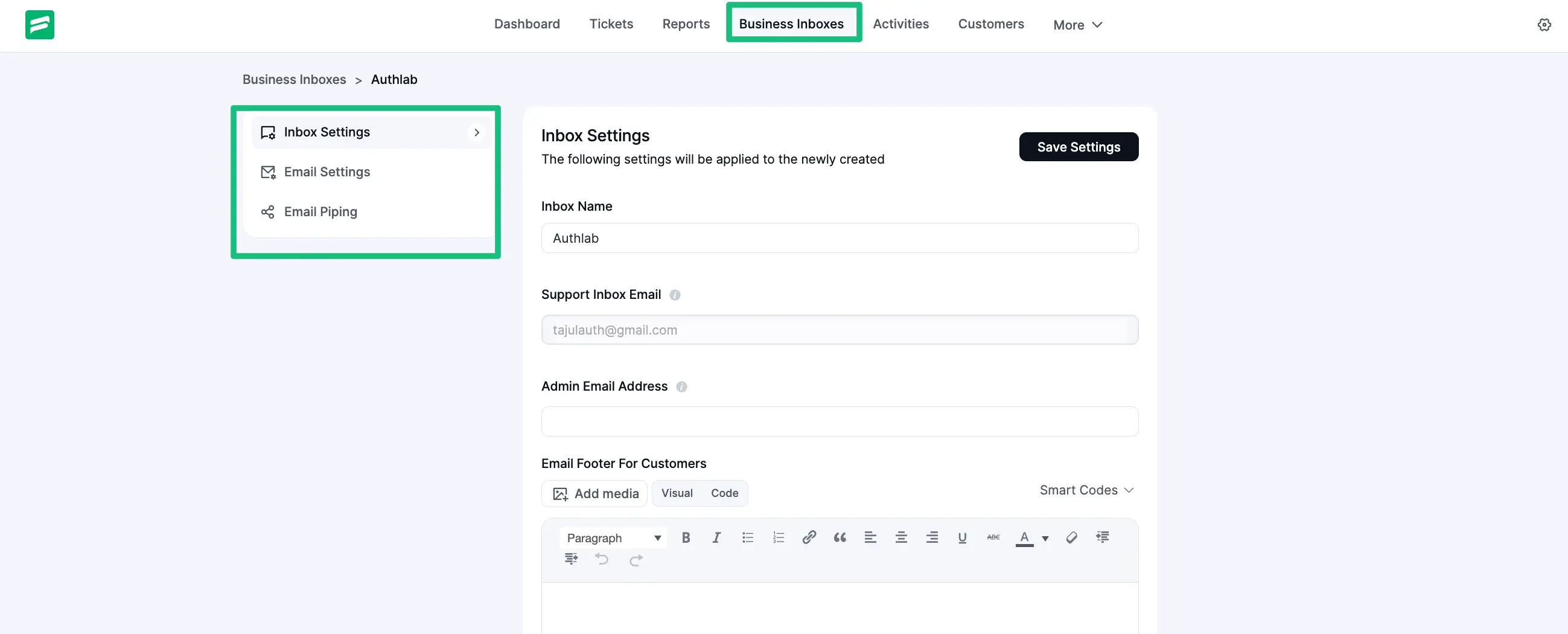 Three types of email-based settings in Business Inbox