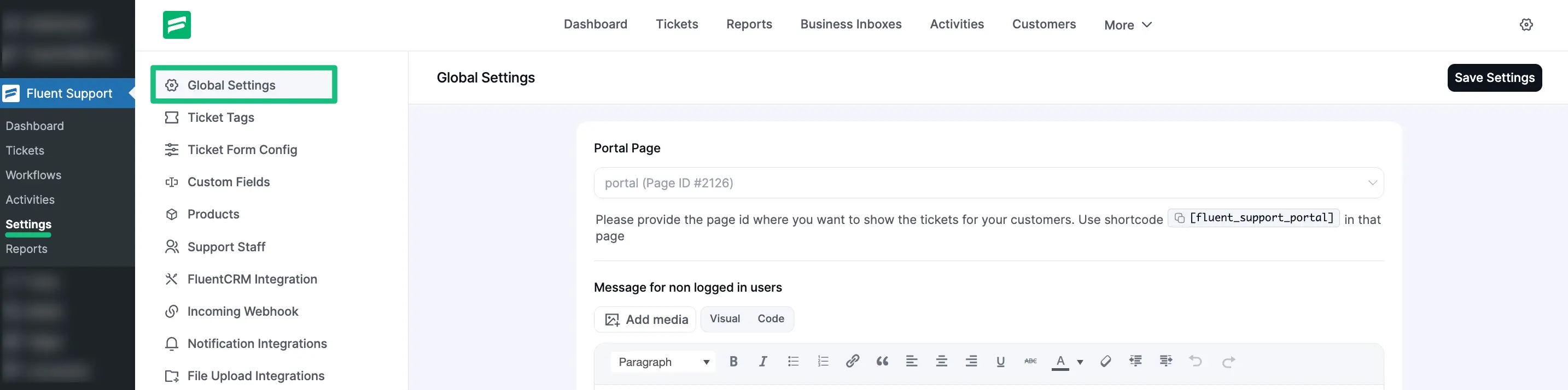 Global Settings from Fluent Support Dashboard