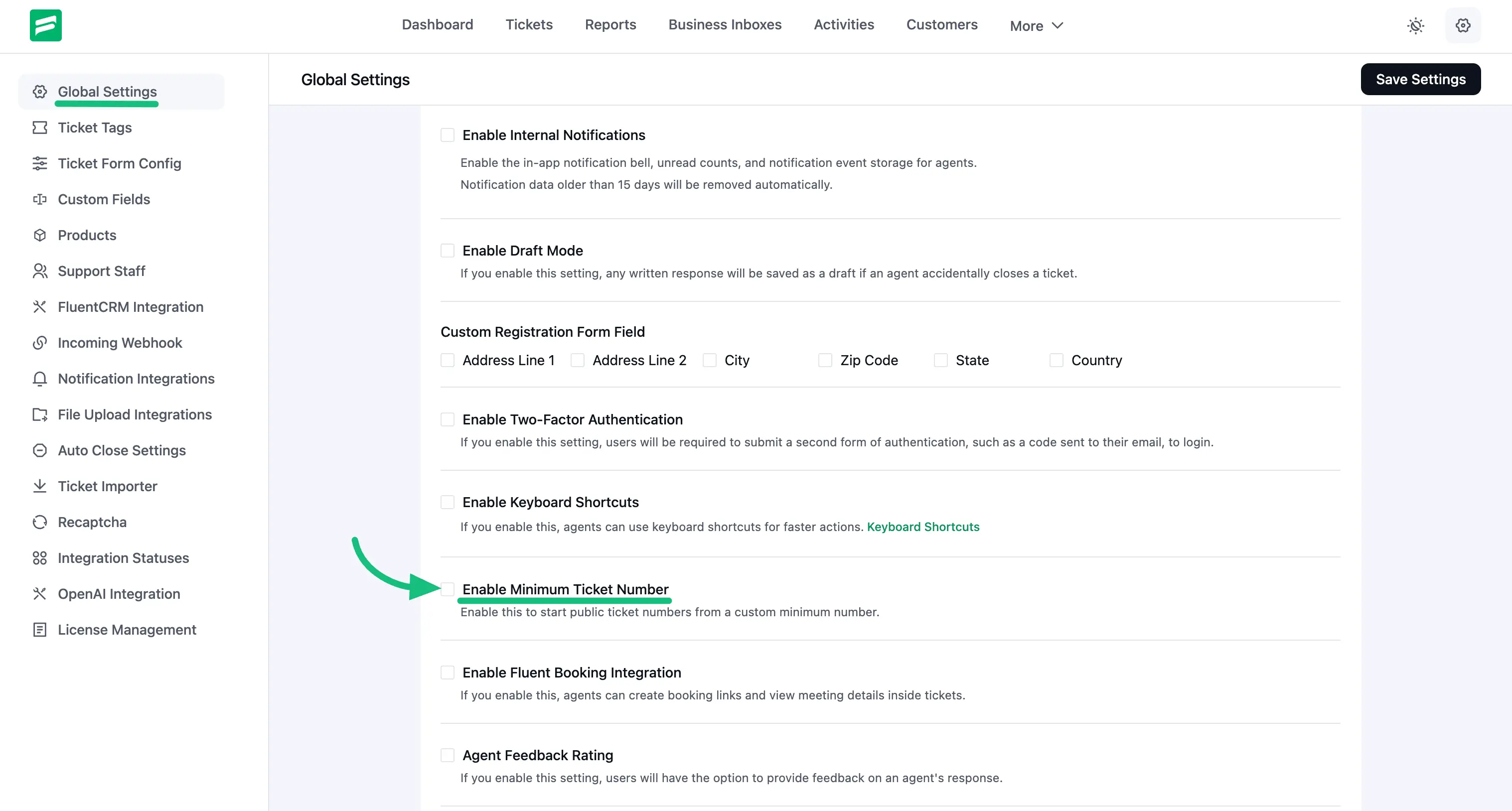 Enable Minimum Ticket Number option in Fluent Support Global Settings