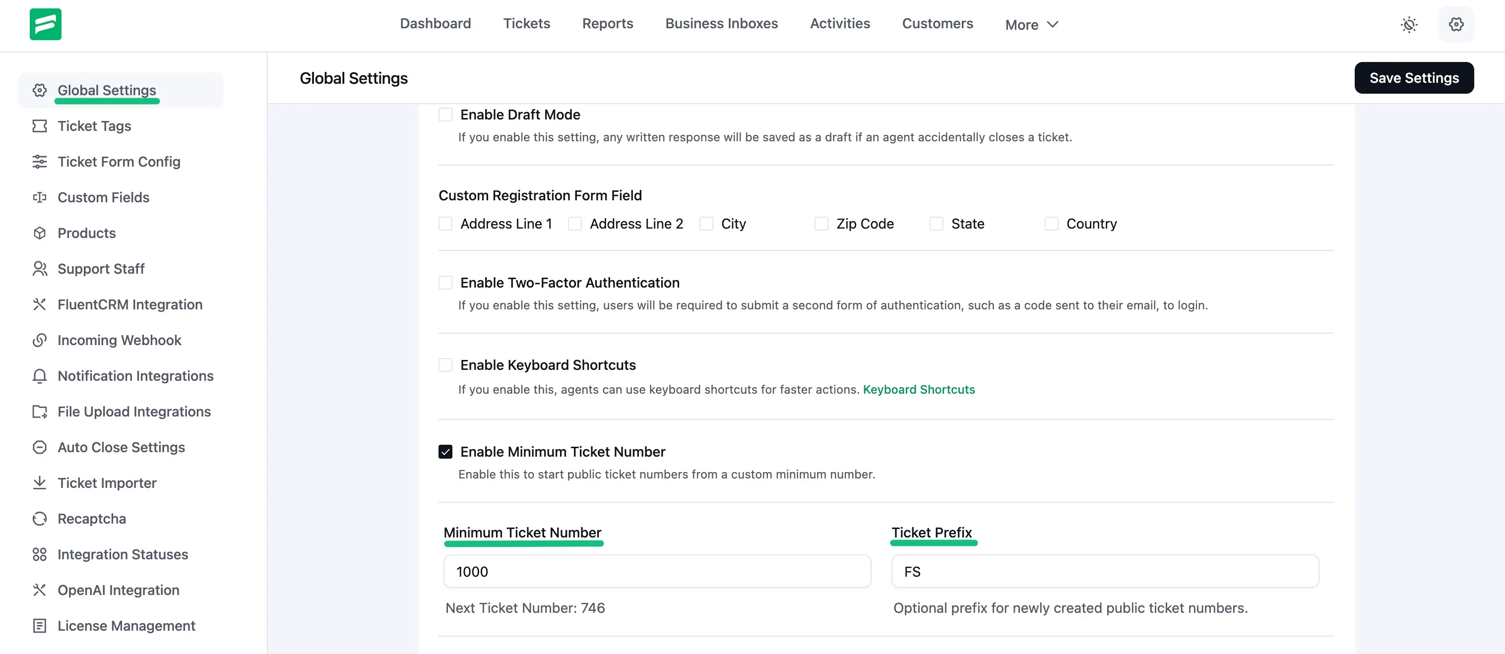 Minimum Ticket Number and Ticket Prefix fields in Fluent Support