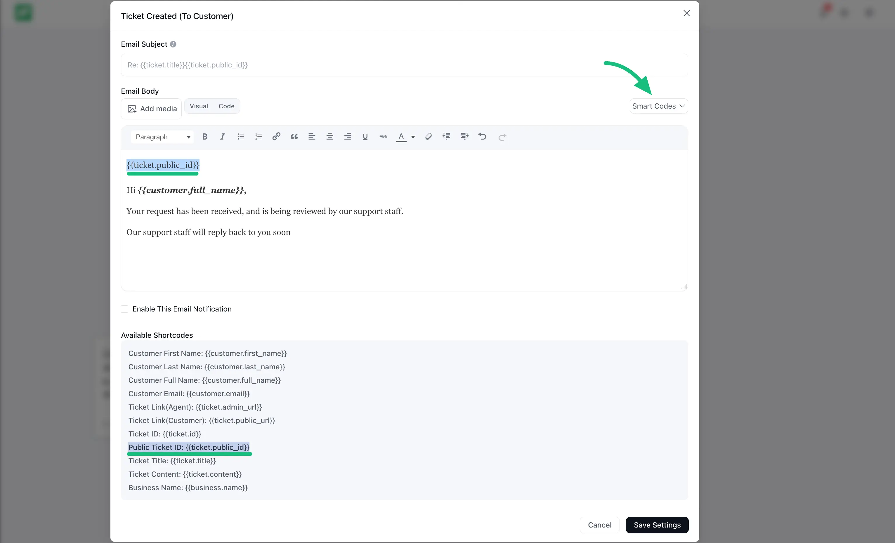 Public Ticket ID in Email fields in Fluent Support