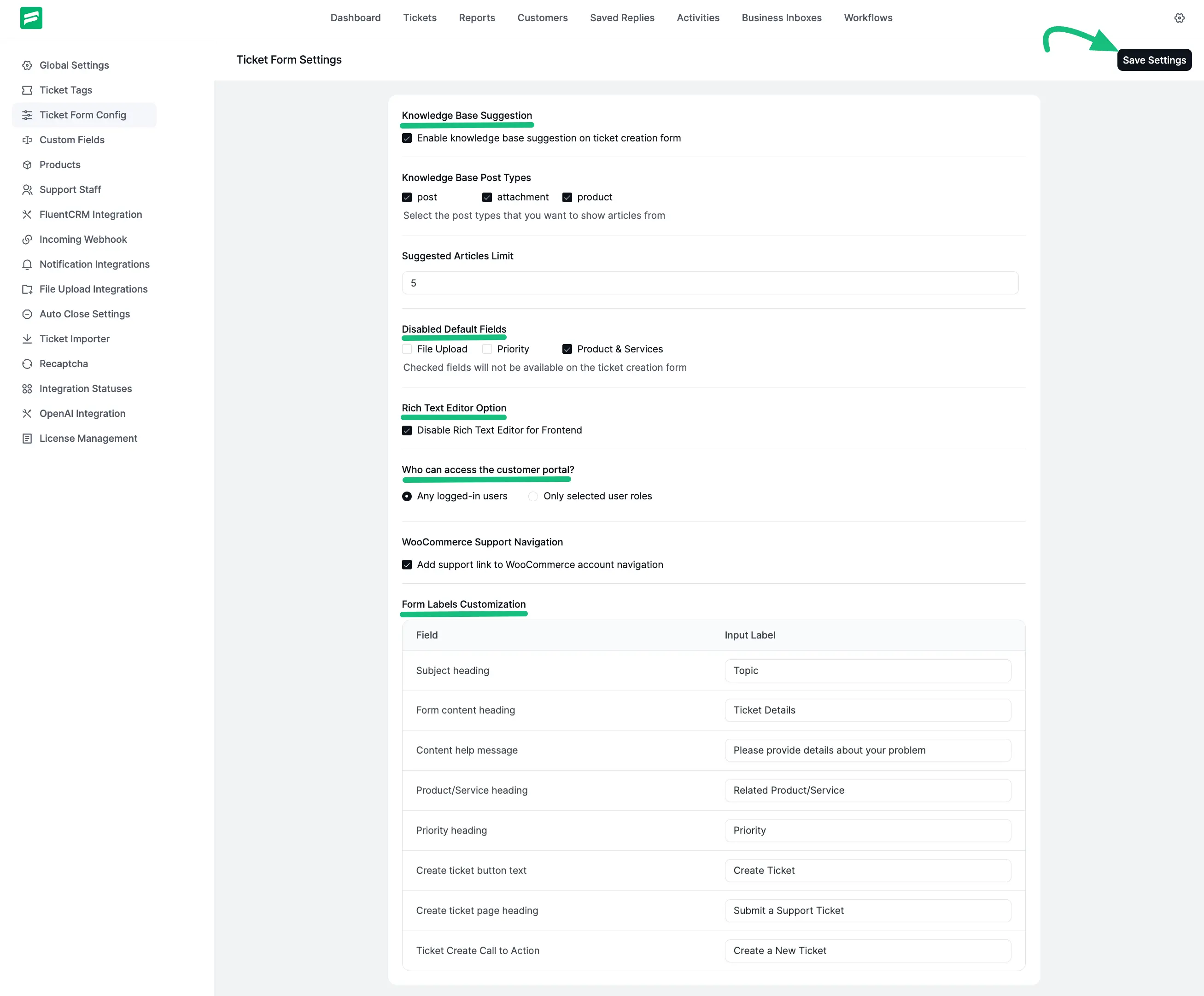 All setting options for Ticket Form Customization