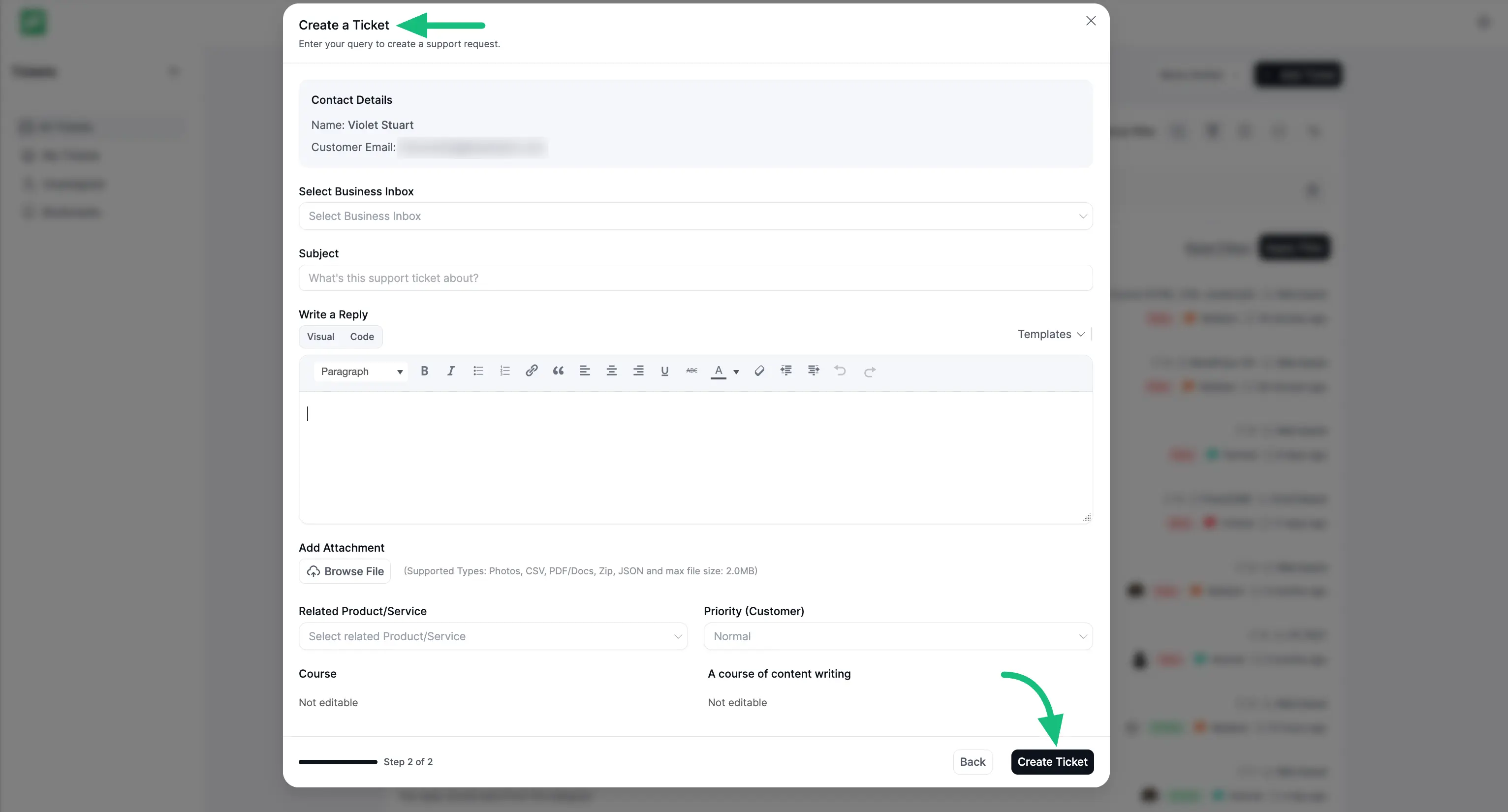 Finally create ticket for customer