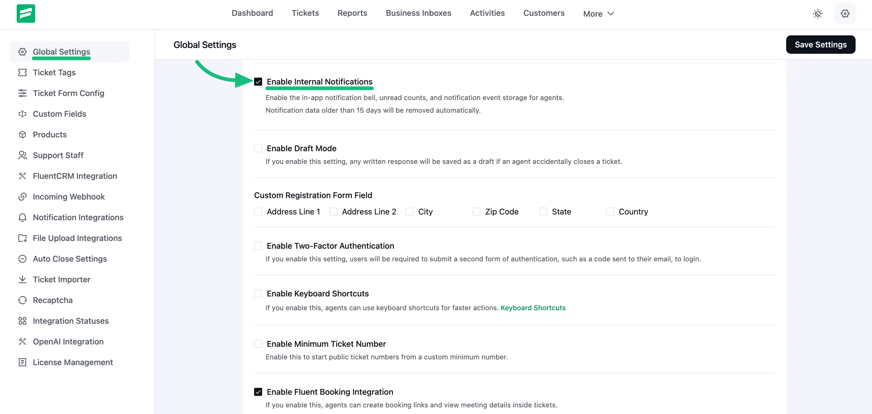 Enable Internal Notifications option in Fluent Support Global Settings