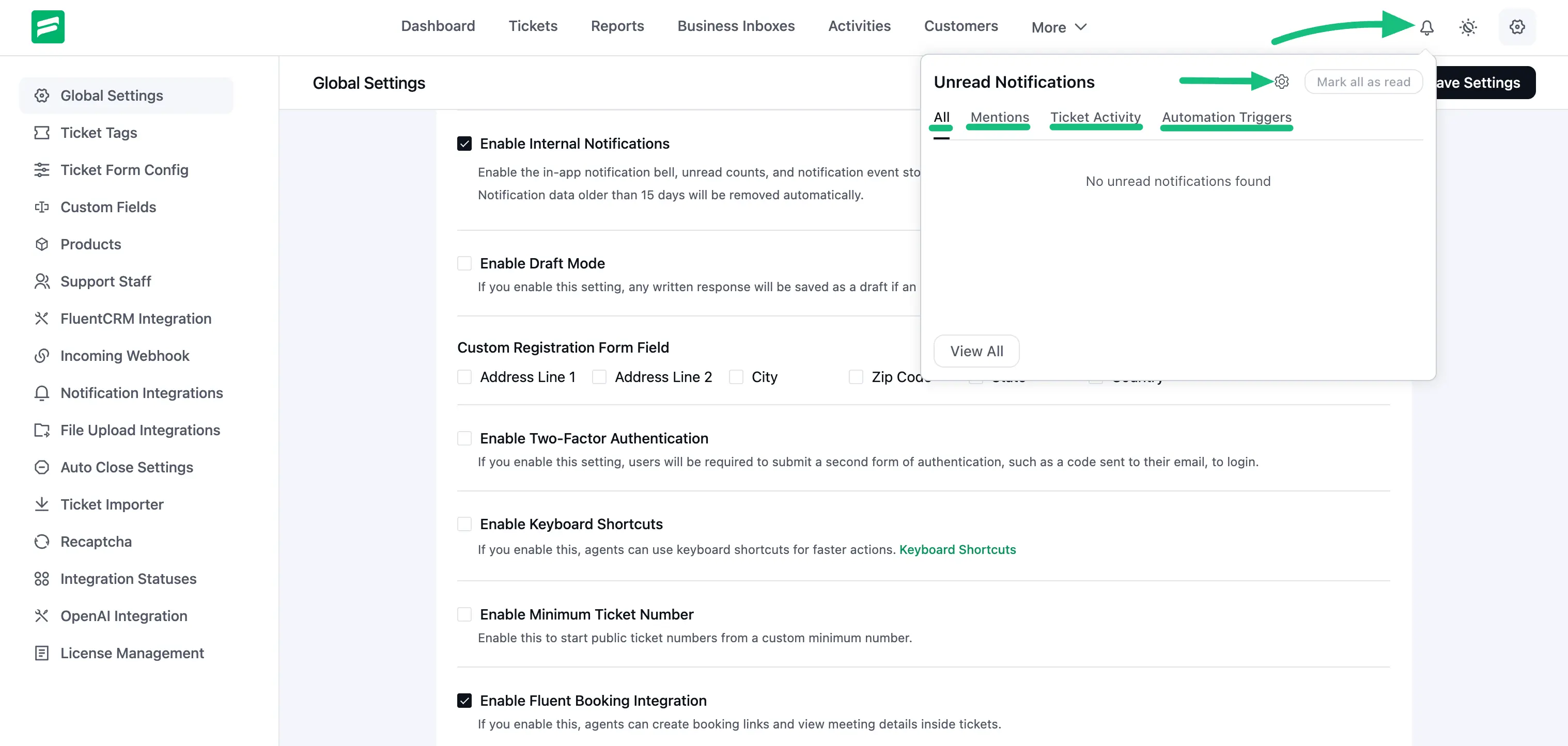 Notification Bell and Unread Notifications panel in Fluent Support