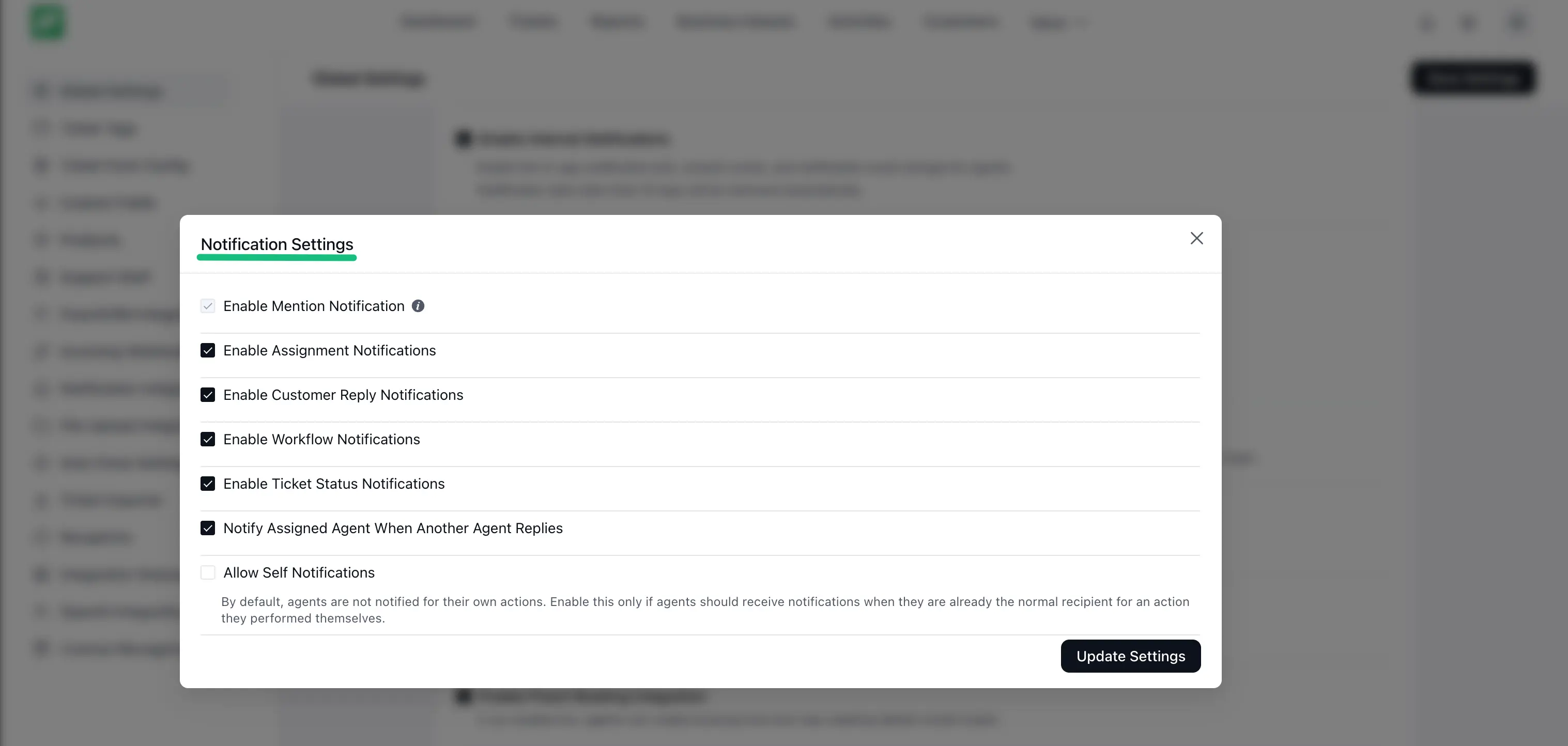 Notification Settings modal in Fluent Support