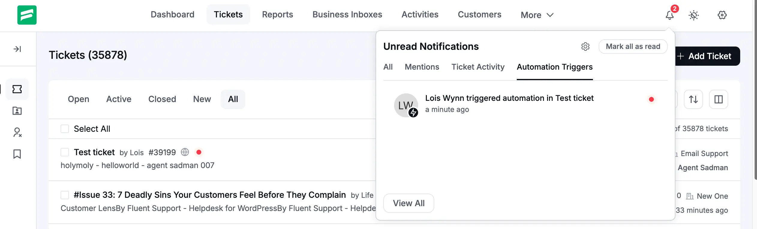 Automation Triggers tab in the Unread Notifications panel