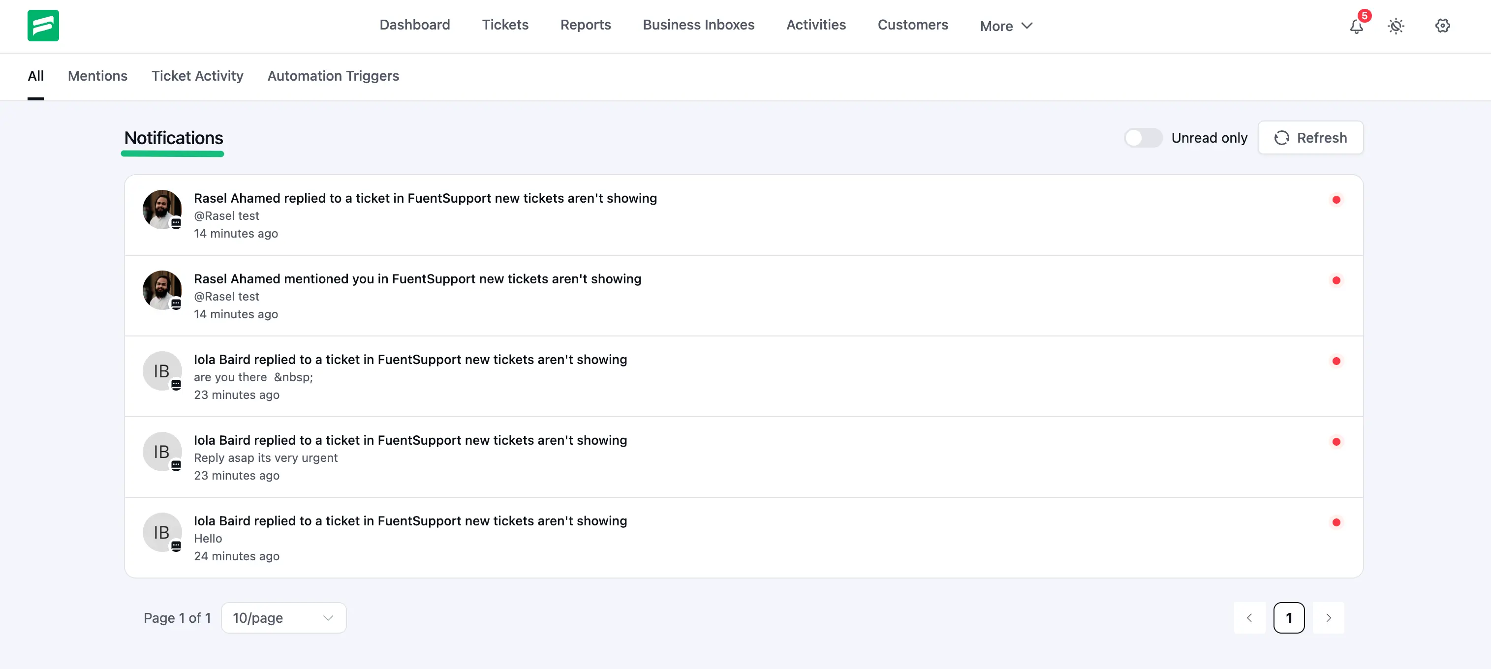 Full Notifications page showing all internal notifications in Fluent Support