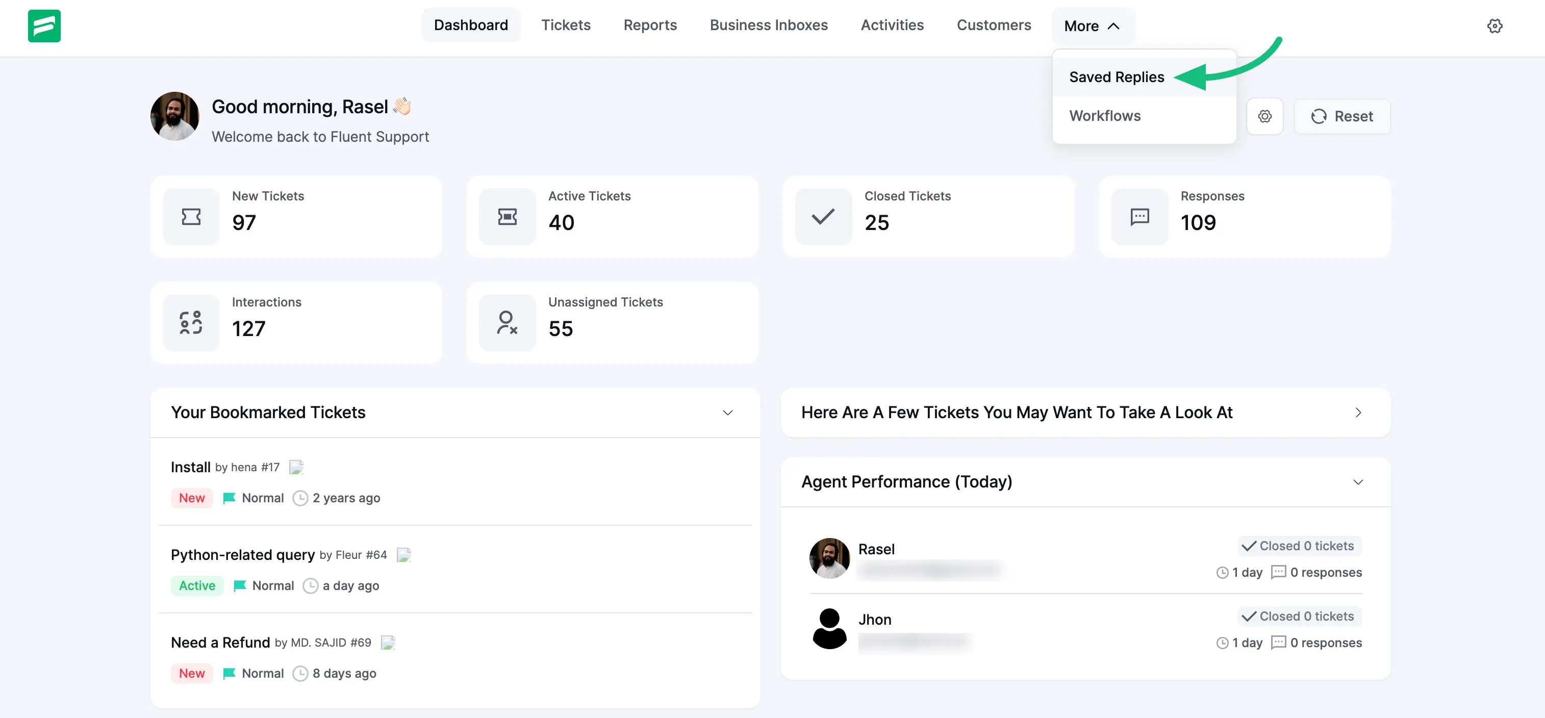 Saved Replies from Fluent Support Dashboard