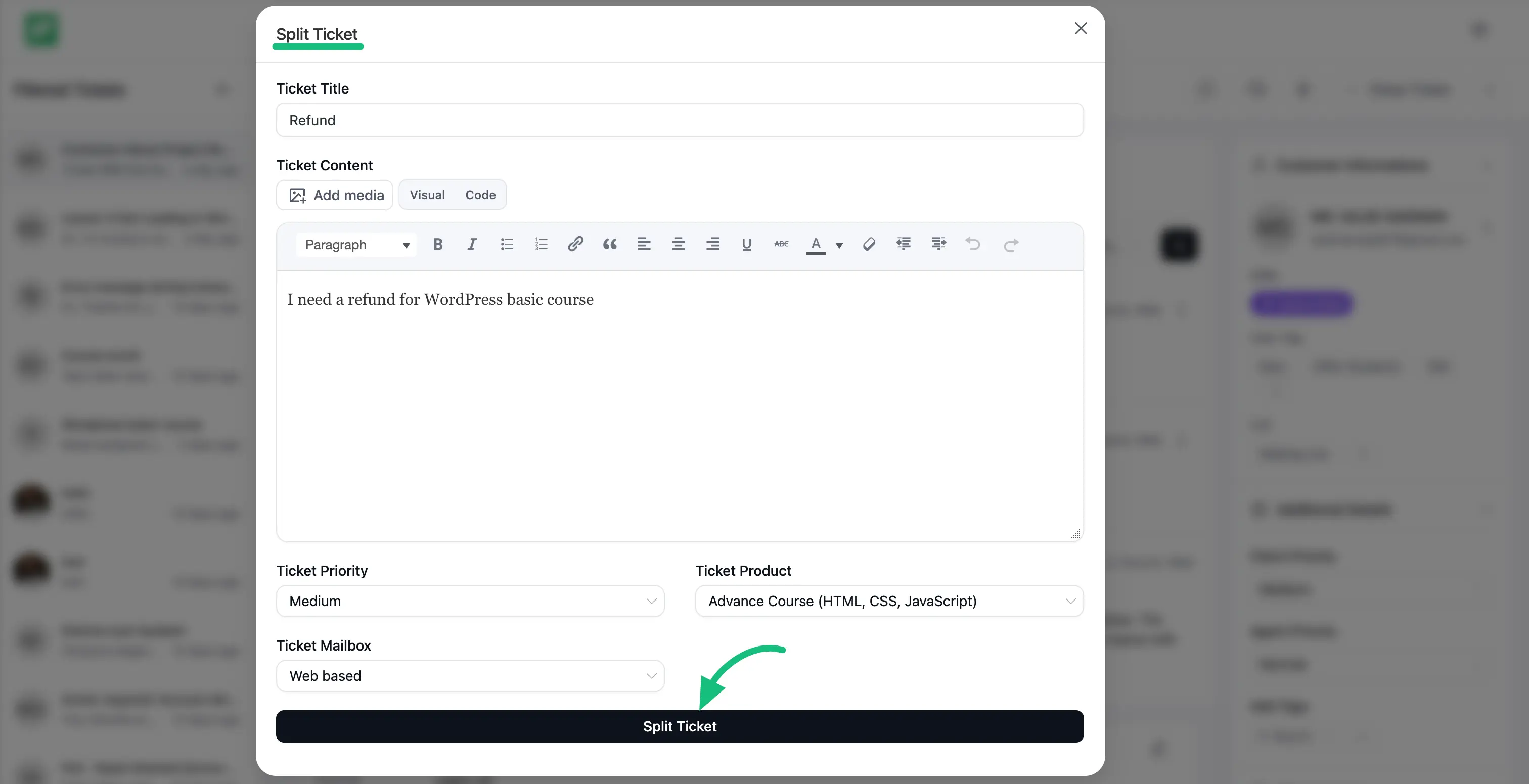 Split Ticket popup page