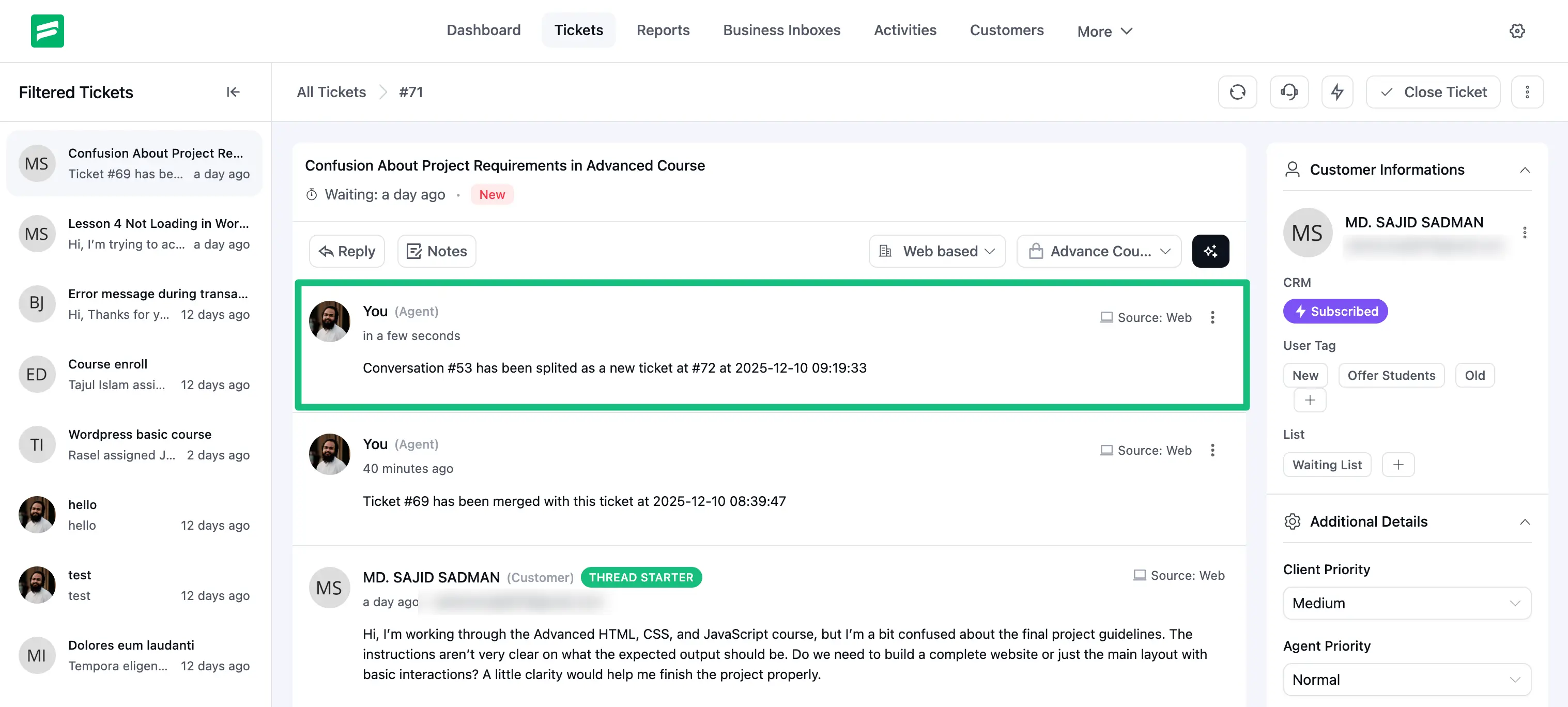 Tickets split separately 