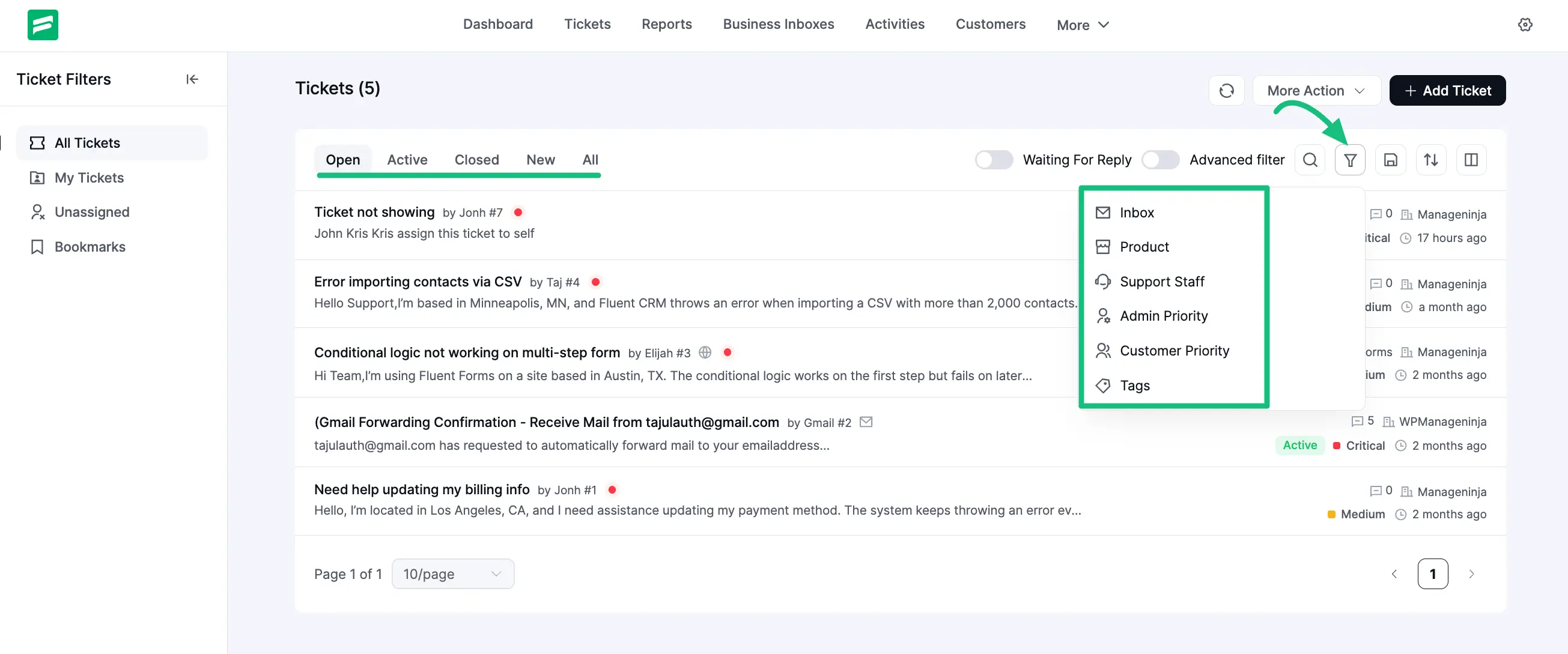 Search options inside a Ticket