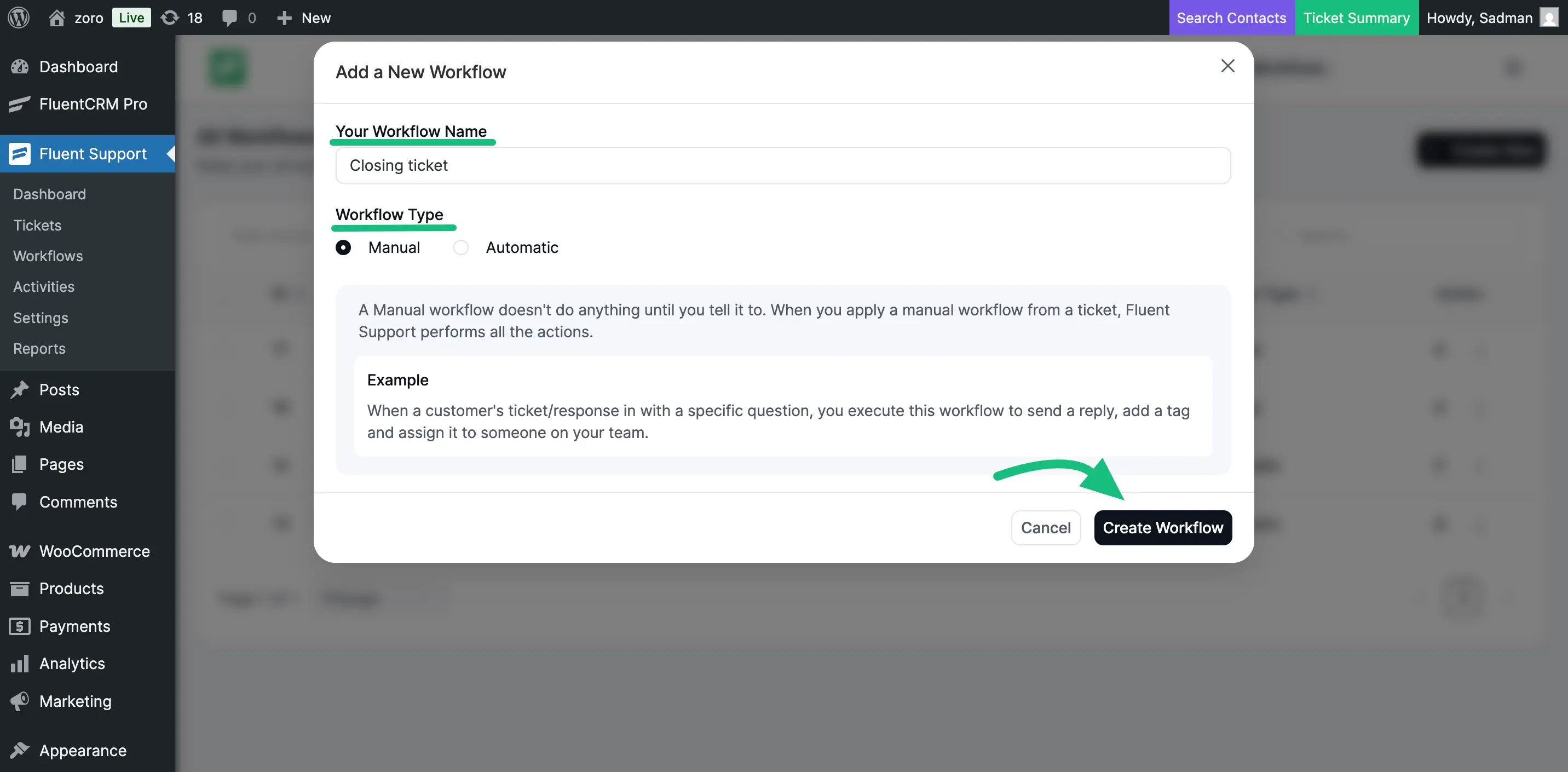 Popup page for adding a new workflow