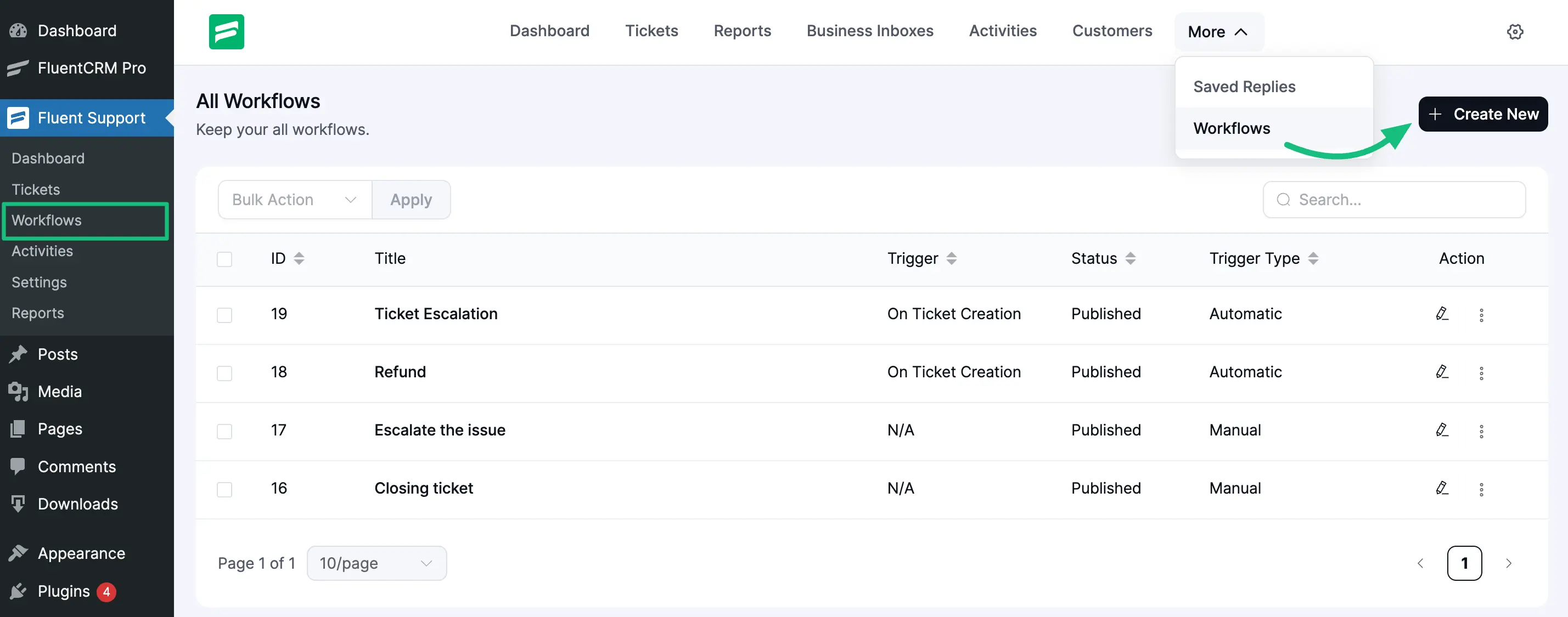 Workflows from Fluent Support Dashboard